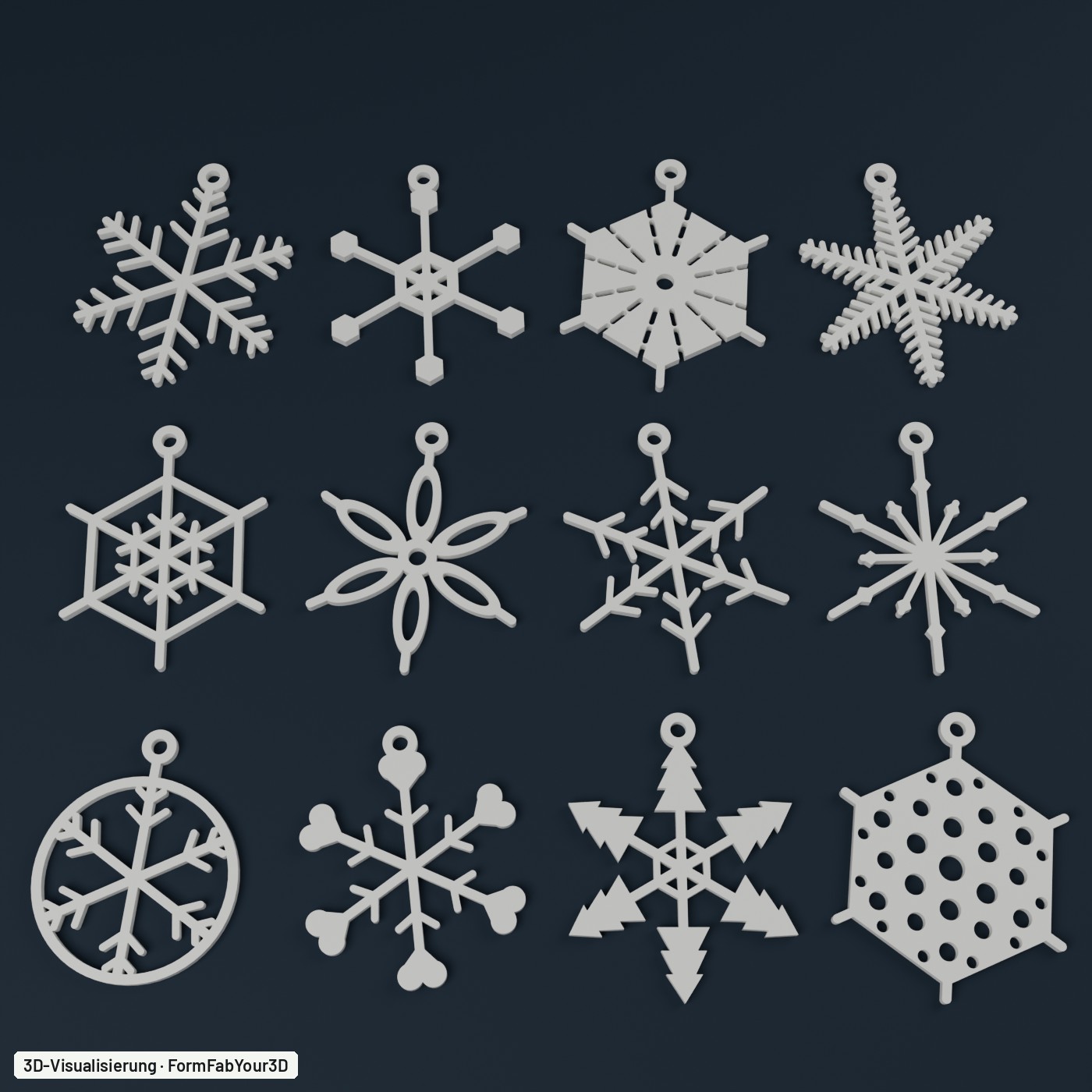 Alle 12 Schneeflocken-Motive in Weiß (3D-Visualisierung).