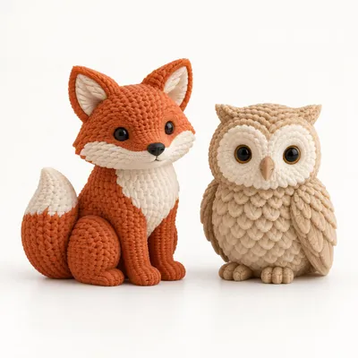 Gestaltungsbeispiel: Fuchs und Eule in Strickoptik – 2er-Dekoset.